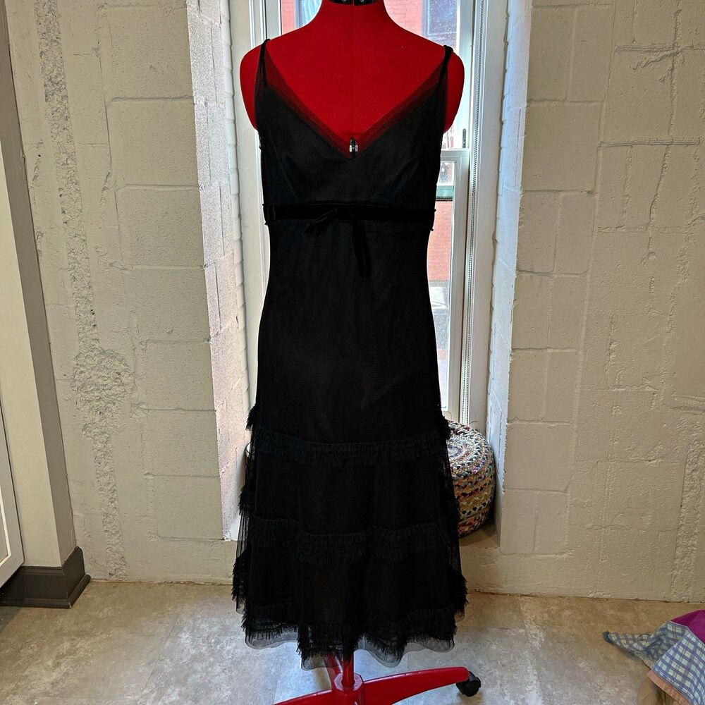Vera Wang Black V-Neck Spaghetti Strap Ruffle Mesh Midi A-Line Dress 10/44